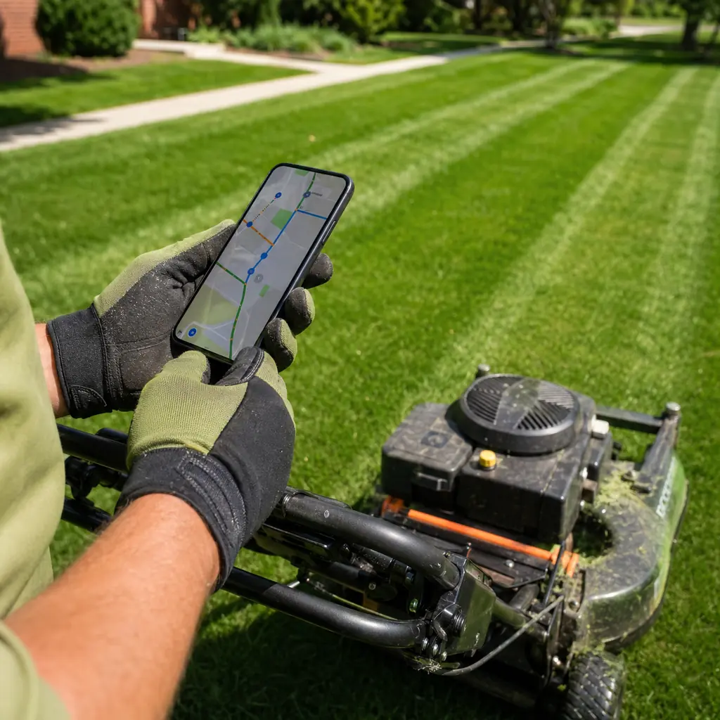 Gloved hands of a lawn care technician hold a phone with a route map beside a walk-behind mower.