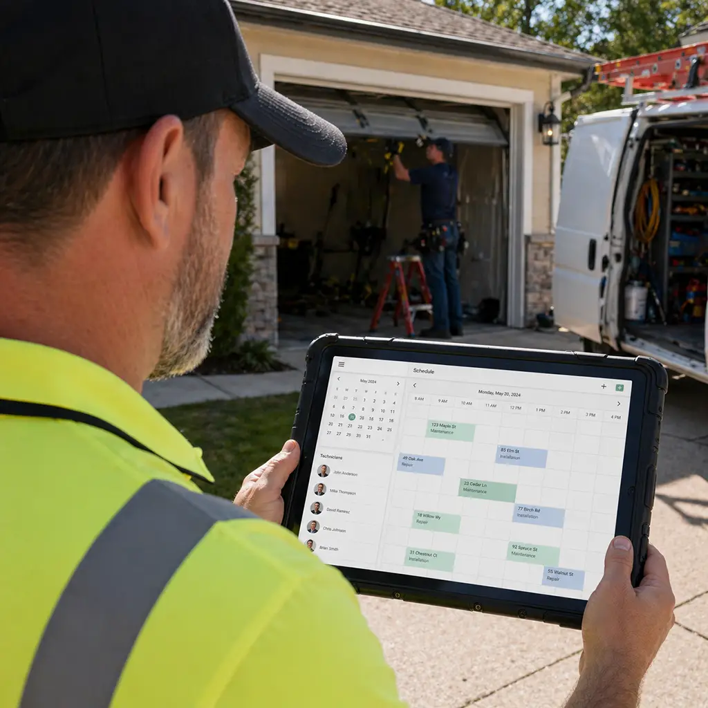 Garage door supervisor checking schedule on tablet