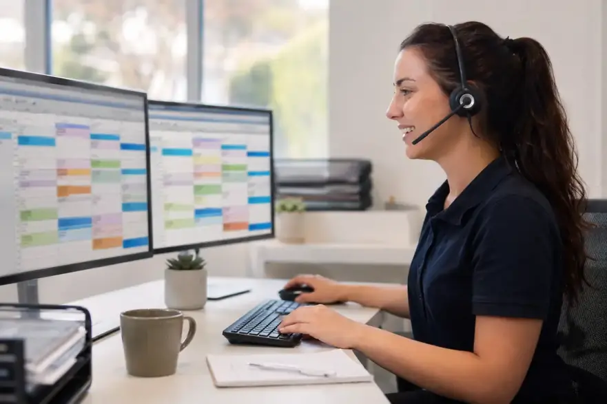 Service-business dispatcher with headset smiling at a dispatch board on dual monitors.