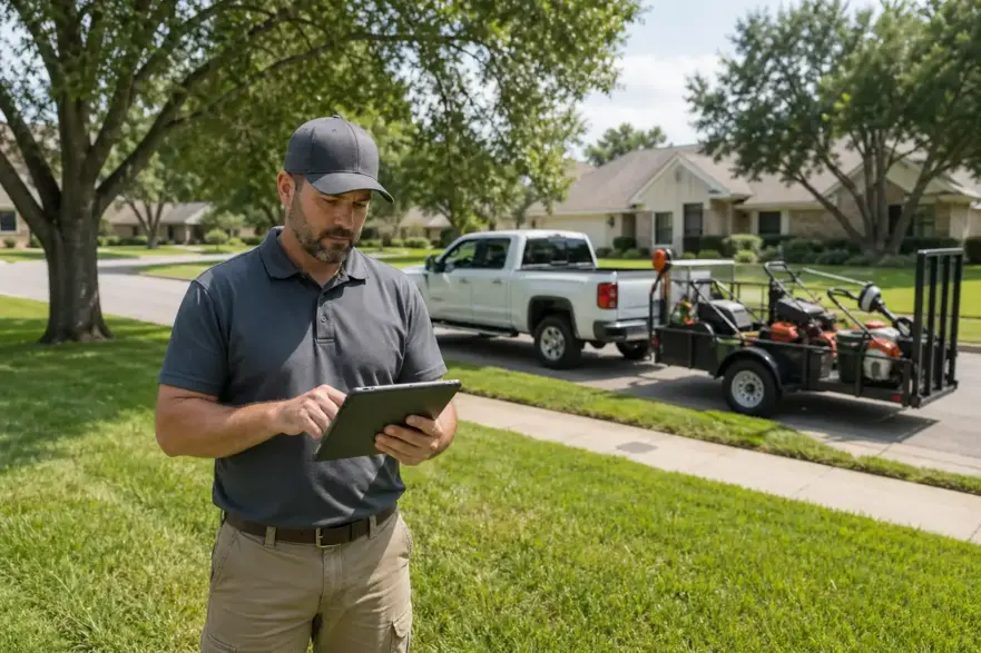 Lawn care crew leader reviews the day's route on a tablet next to a service truck and trailer.
