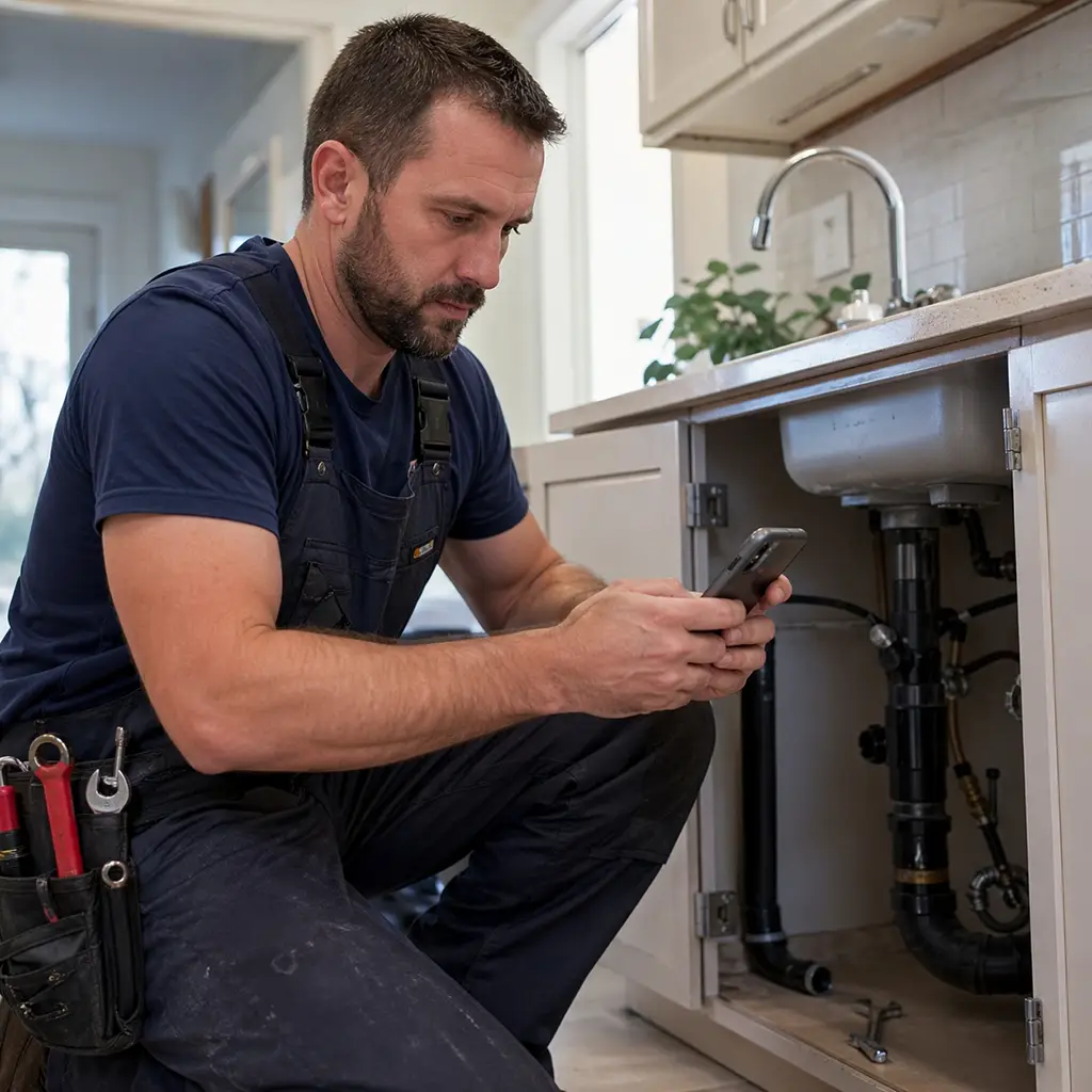 Plumber using CRM at job site
