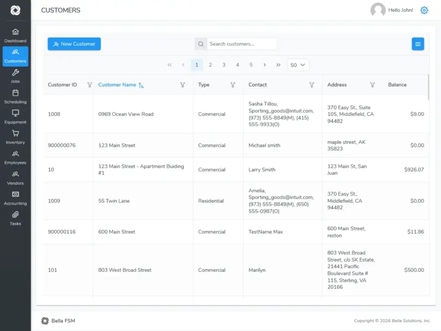 Bella FSM customer profile with full job history