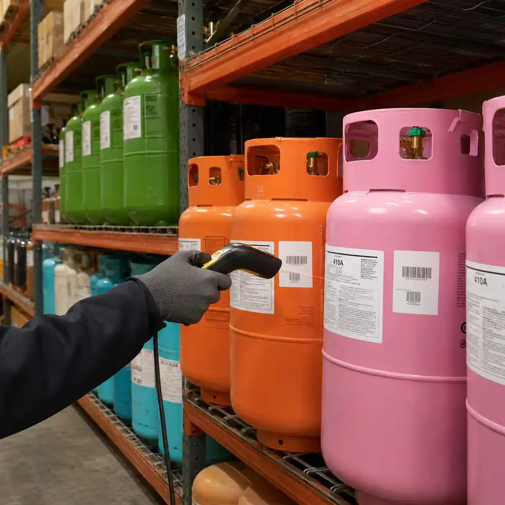 Gloved technician scanning a refrigerant cylinder label on a warehouse shelf with handheld barcode scanner.