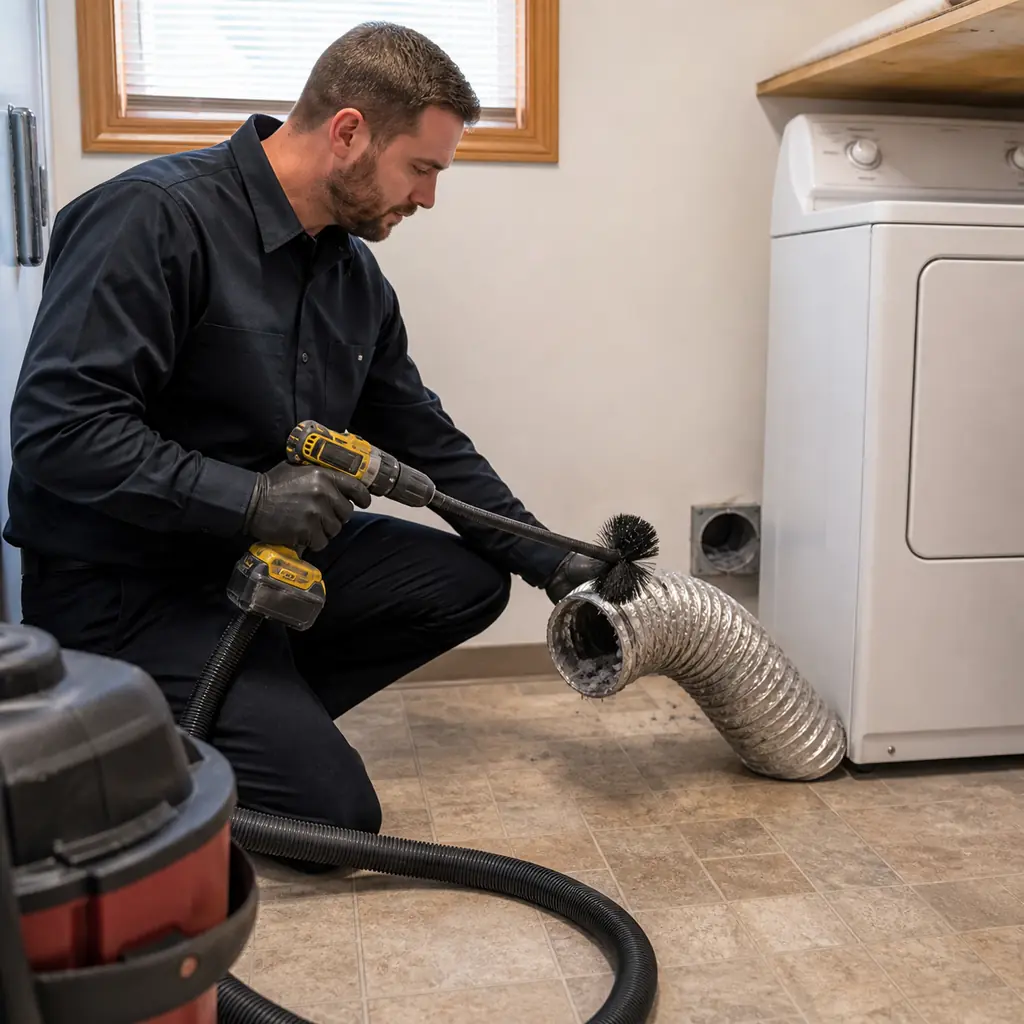 Technician kneeling beside a residential dryer using a rotary brush and HEPA vacuum to clean the vent.