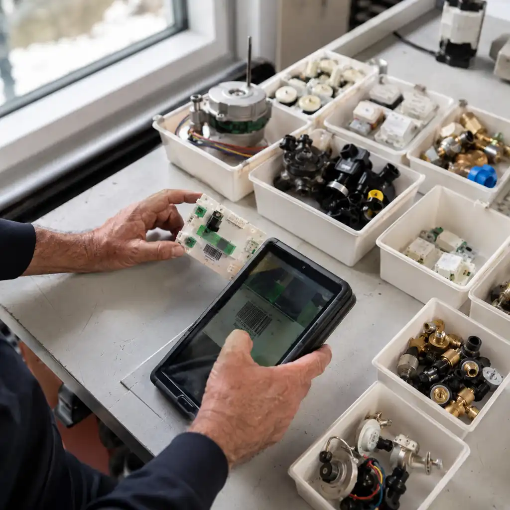 Technician scanning a control board barcode at a workshop bench full of organized parts bins.