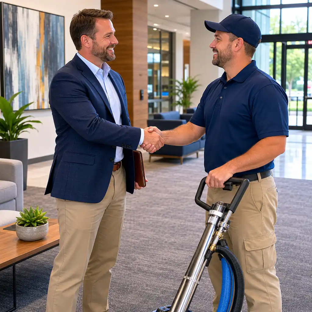 Carpet cleaning company owner shaking hands with a commercial property manager.