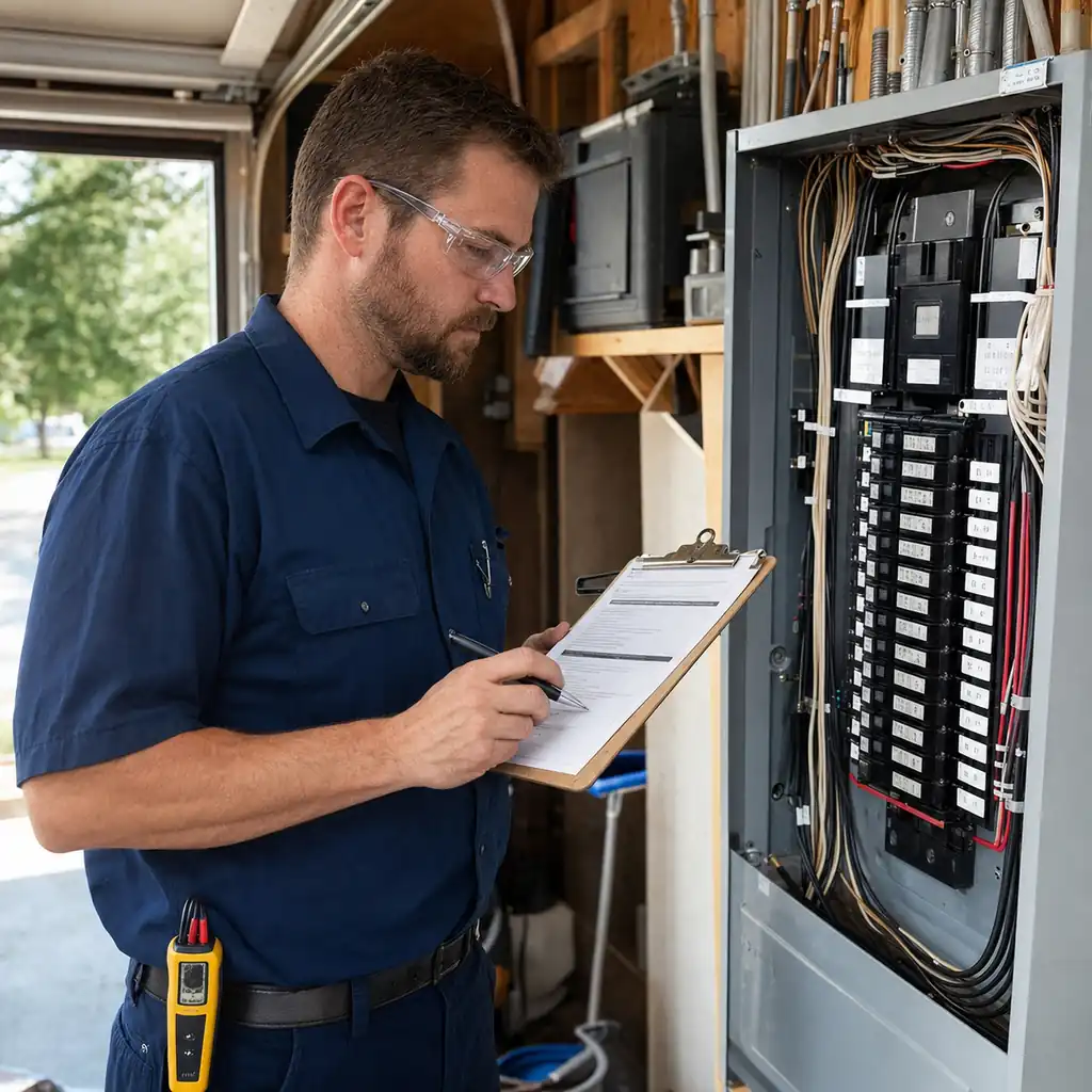 Licensed electrician reviewing an inspection checklist beside an open residential electrical service panel.