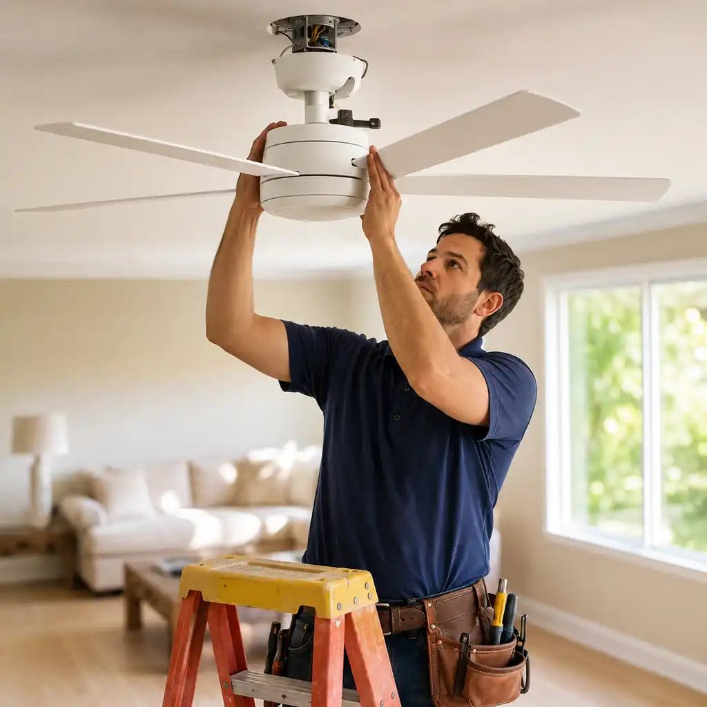 Technician on a step ladder installing a white ceiling fan in a sunlit living room.