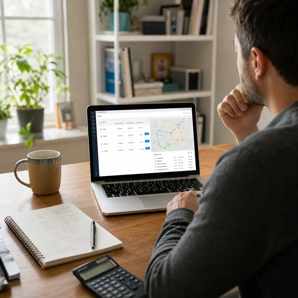 Small business owner at a desk reviewing a service-management dashboard with pricing rows.