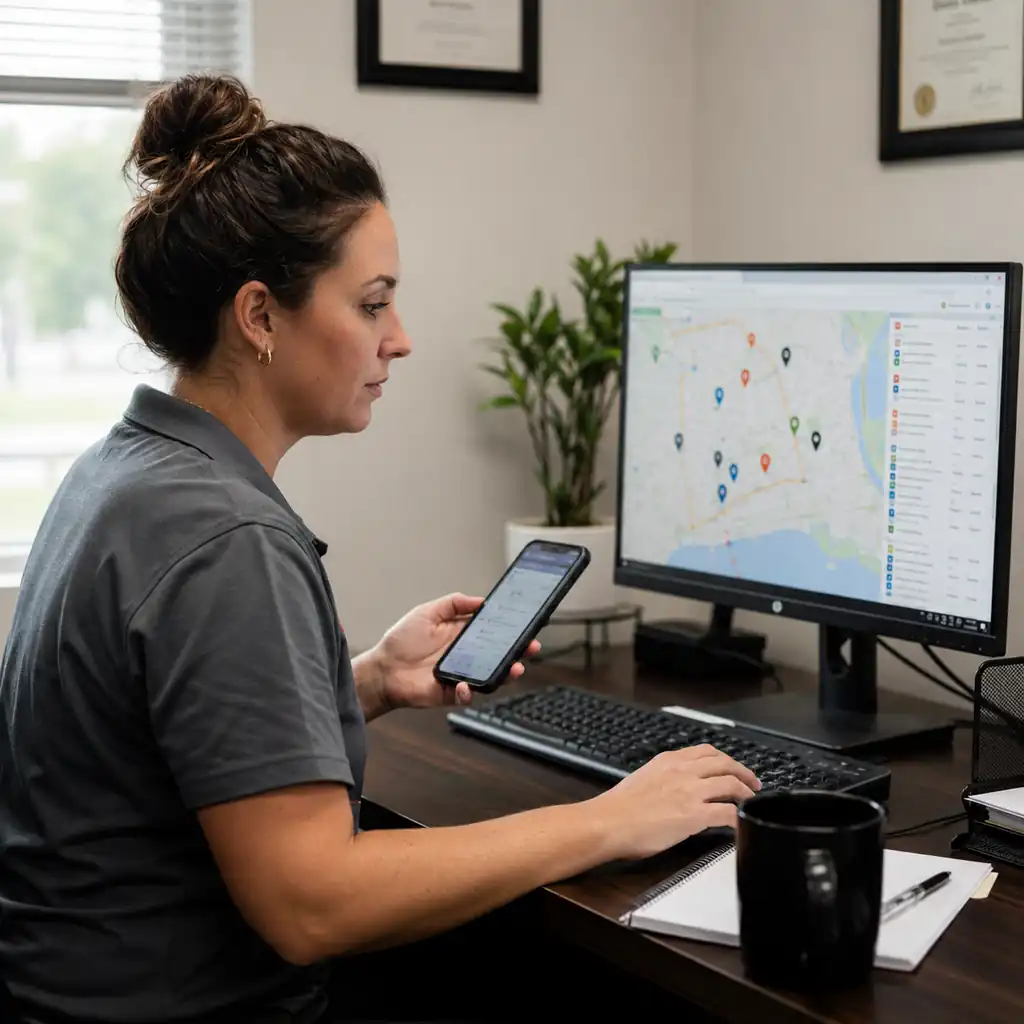 Dispatcher at her desk maps the day's pressure washing stops on a large monitor and a phone.