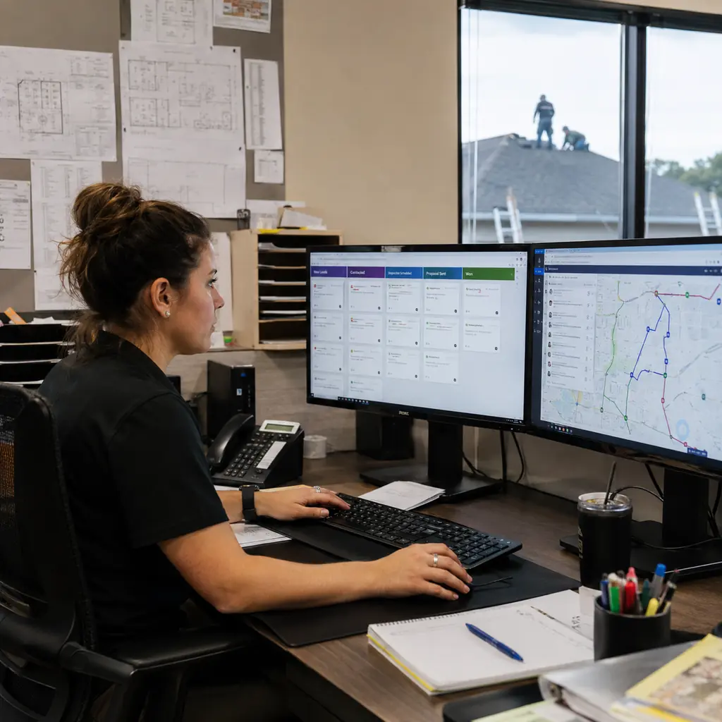 Roofing office dispatcher reviewing a sales pipeline kanban board and a crew route map on dual monitors.
