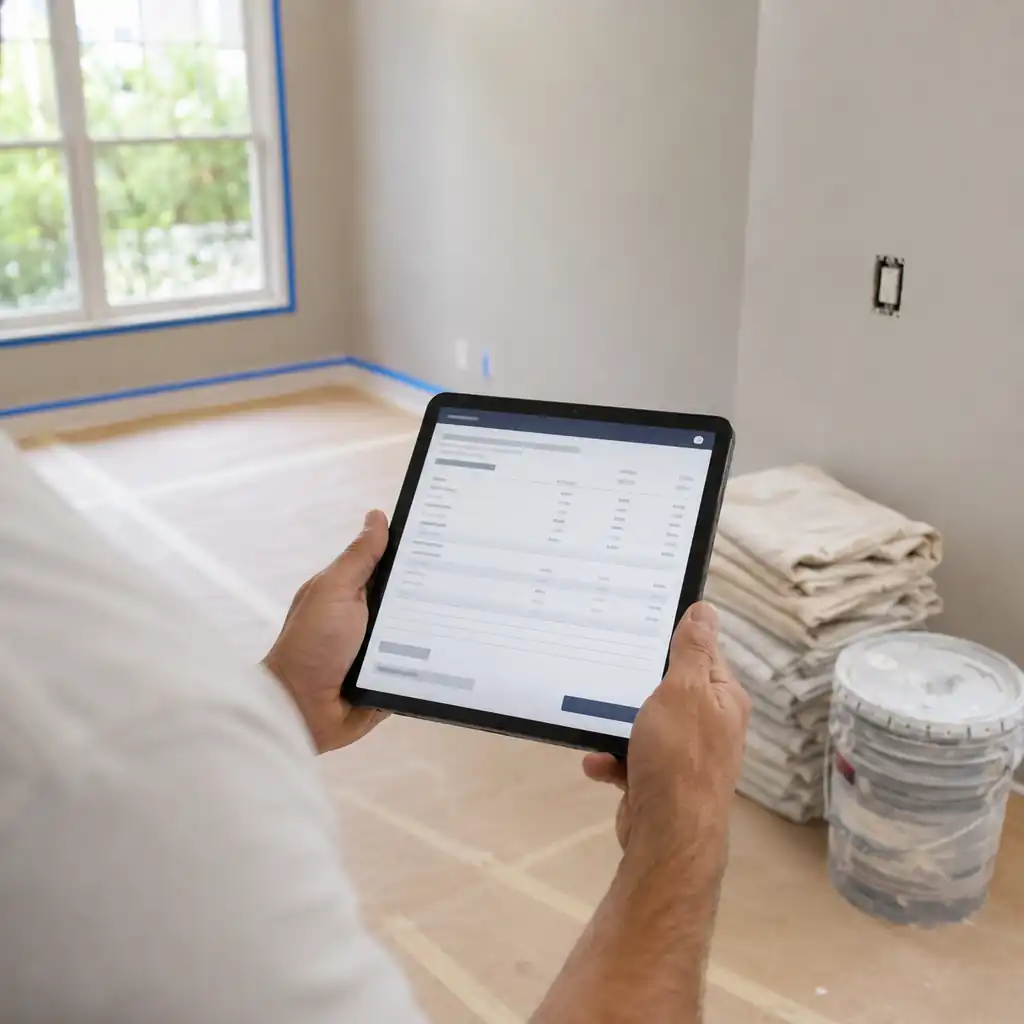 Hands holding a tablet showing an estimate inside a residential room being prepped for paint.