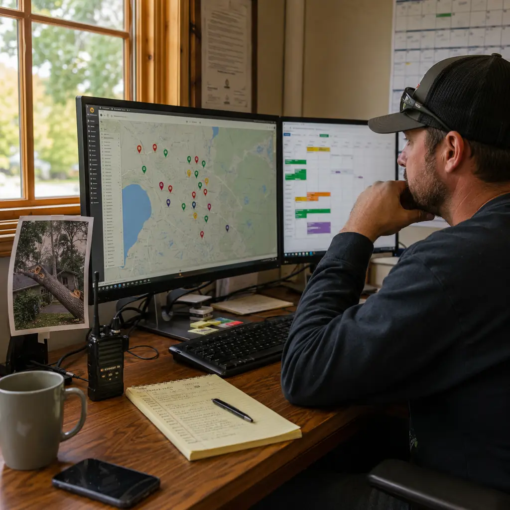 Dispatcher reviews dual monitors showing clustered job pins and crew schedule.