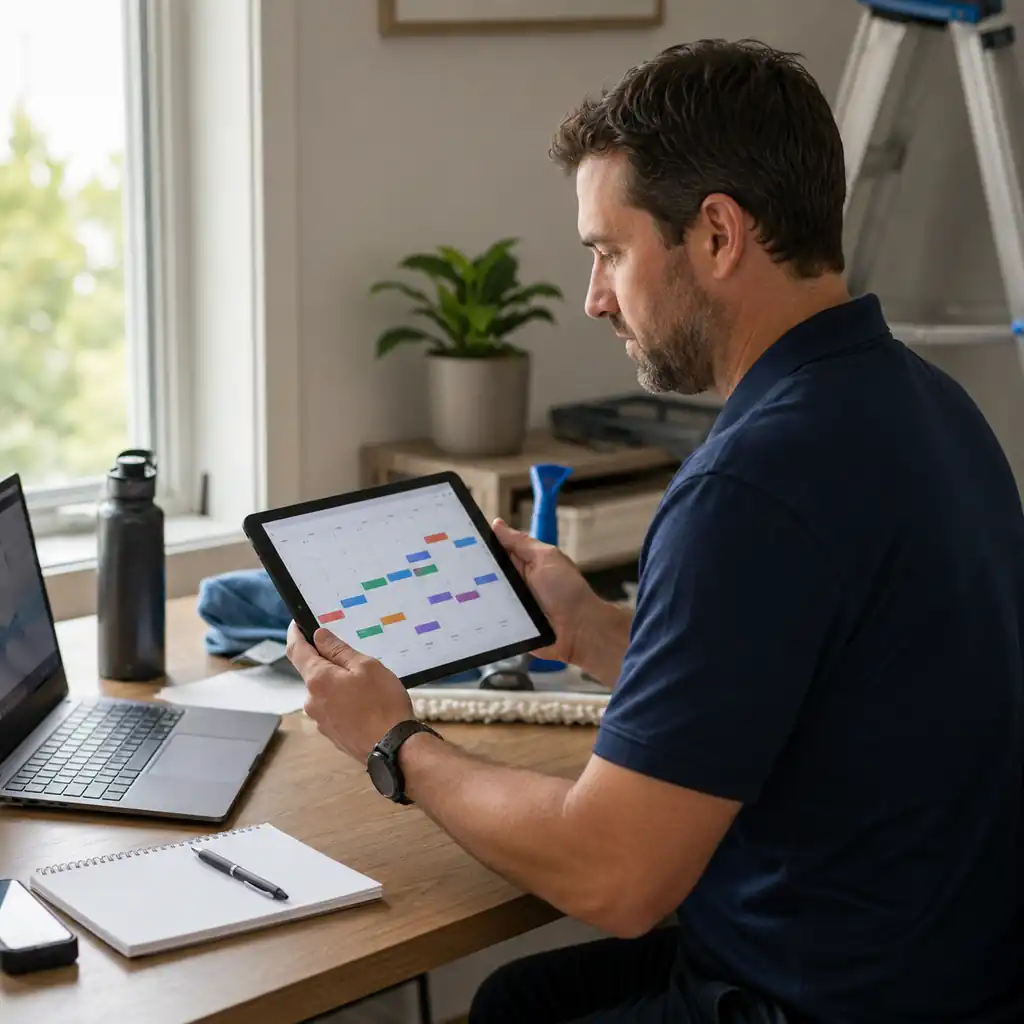 A window cleaning business owner reviews a recurring maintenance schedule on a tablet at a tidy home office.