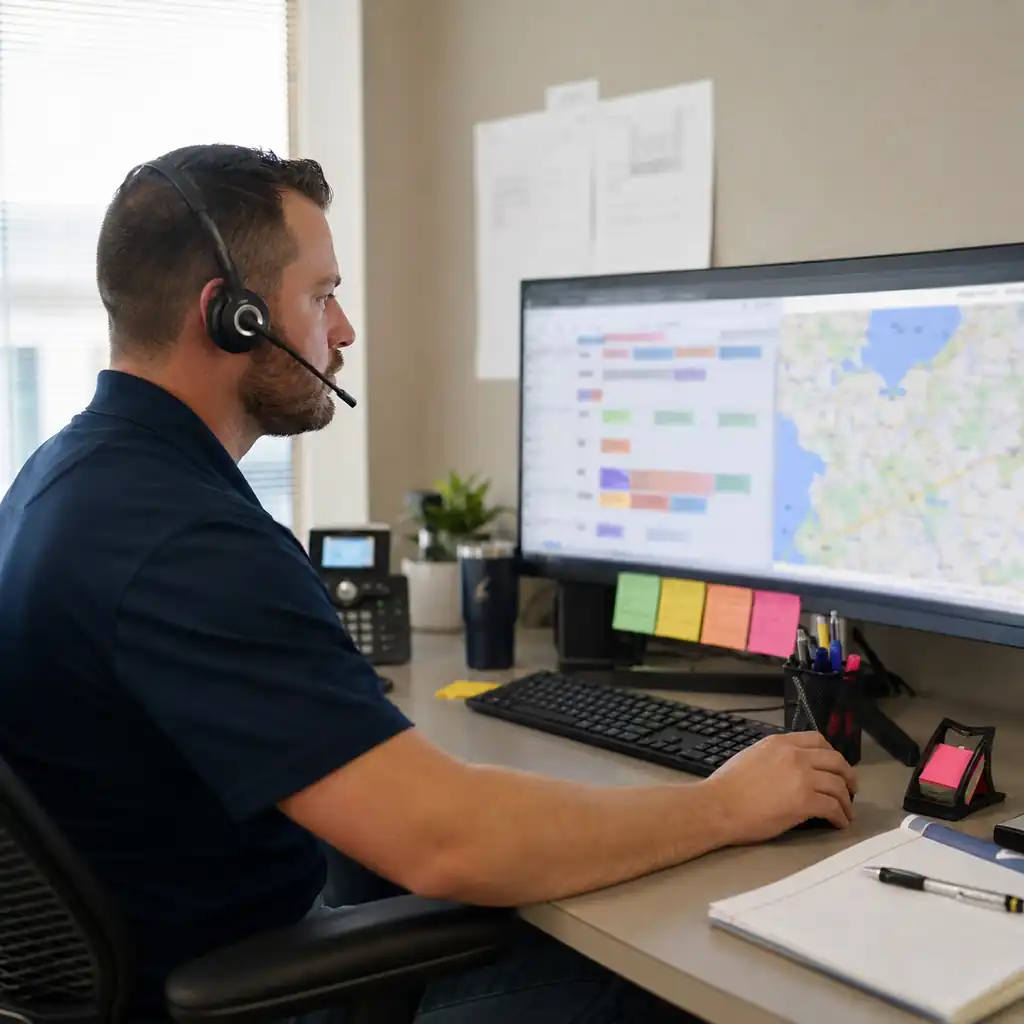 HVAC dispatcher seated at a desk reviewing a scheduling and routing dashboard on a widescreen monitor.