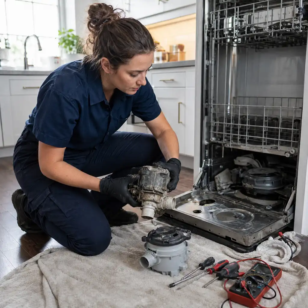 Female appliance technician replacing a dishwasher pump motor during a residential repair call.