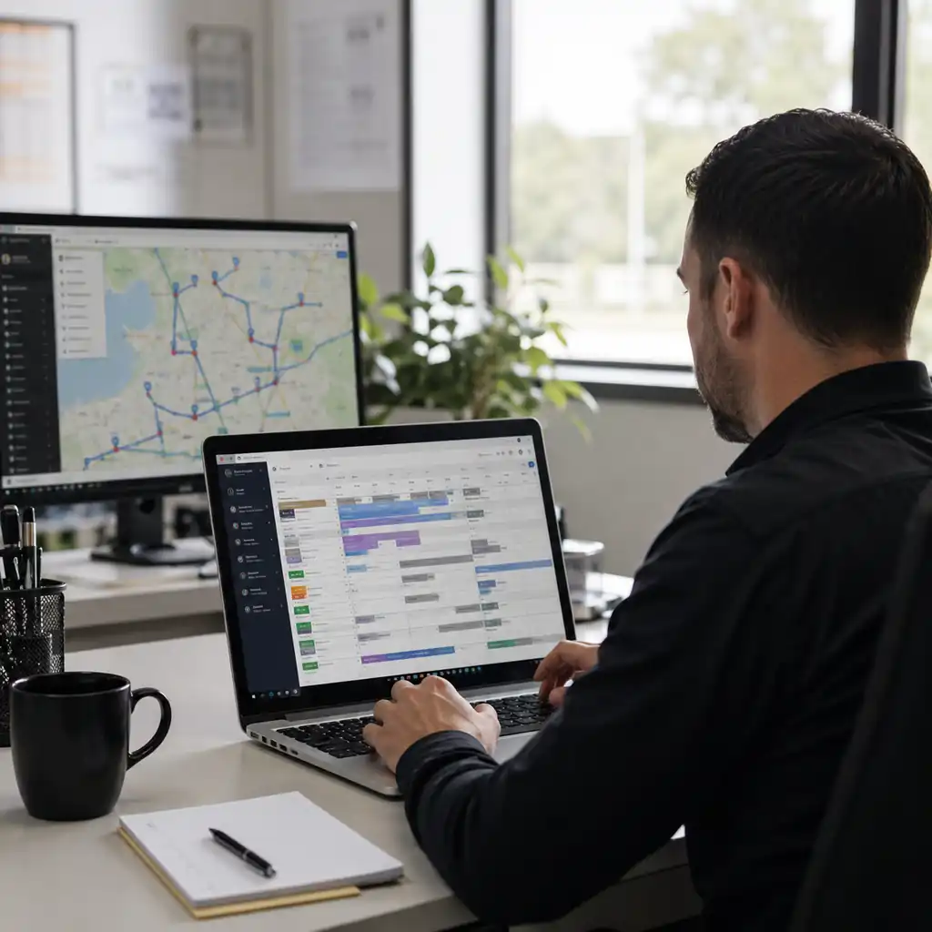 Operations dispatcher reviewing scheduling dispatch board and route map at modern desk.