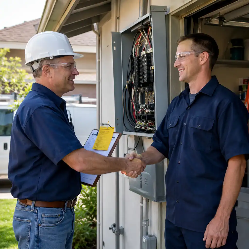 City electrical inspector shaking hands with an electrician after a successful service panel inspection.