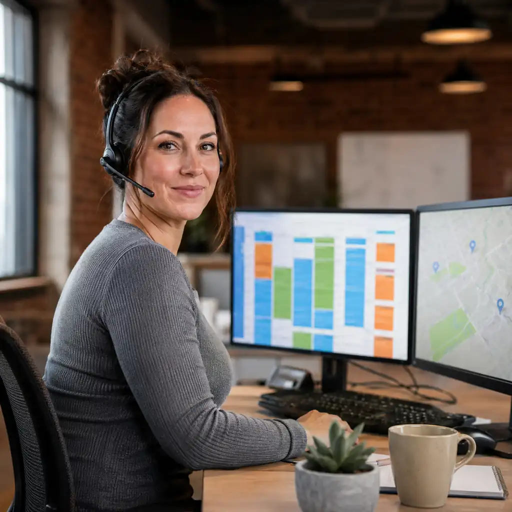 Dispatcher at her desk reviewing a colorful schedule board and a route map on dual monitors.