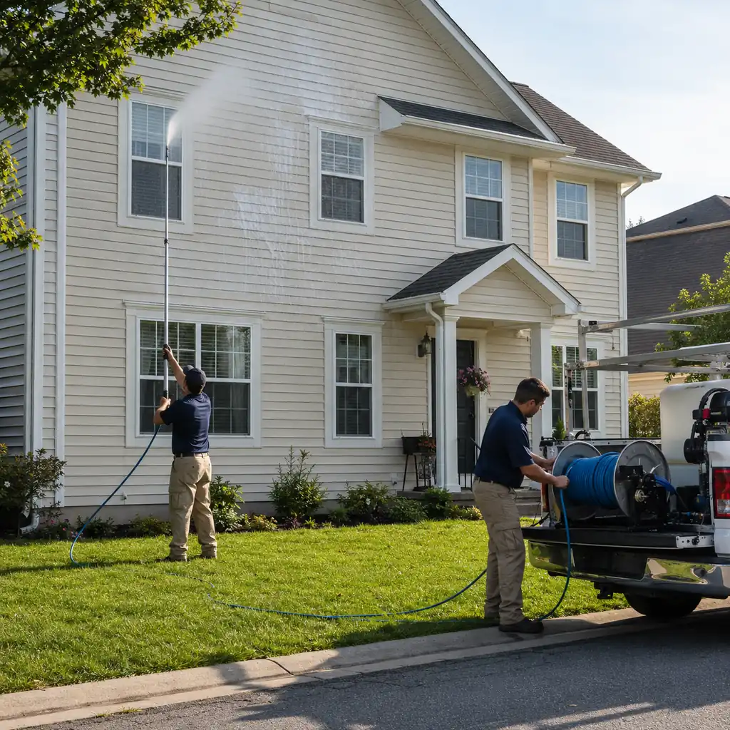 Two-person pressure washing crew soft-washes the second story of a suburban home from the lawn.