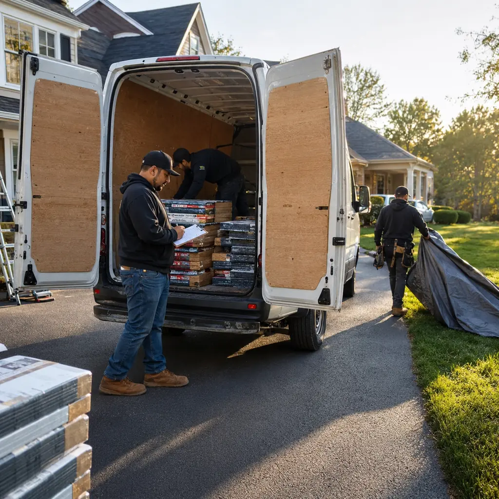 Roofing crew unloads bundles of asphalt shingles from a service van as a foreman reviews the day's schedule.