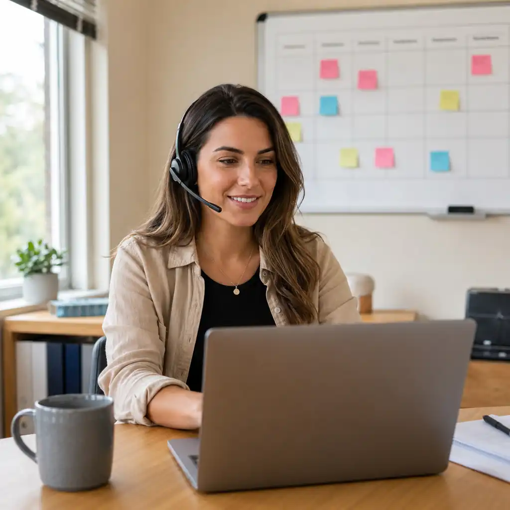 Smiling office manager wears a headset and works at a laptop near a scheduling whiteboard.