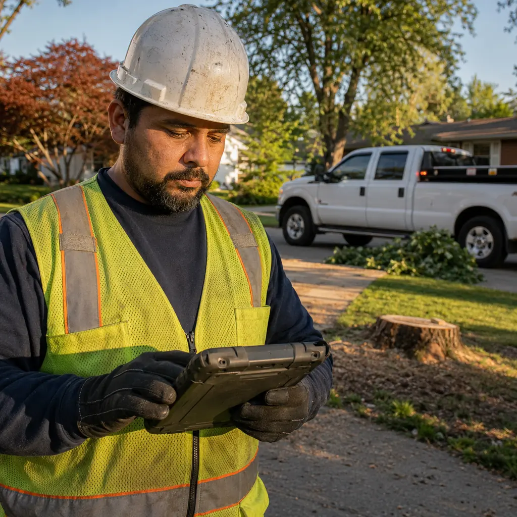 Tree service foreman in PPE updates job notes on tablet beside service truck.