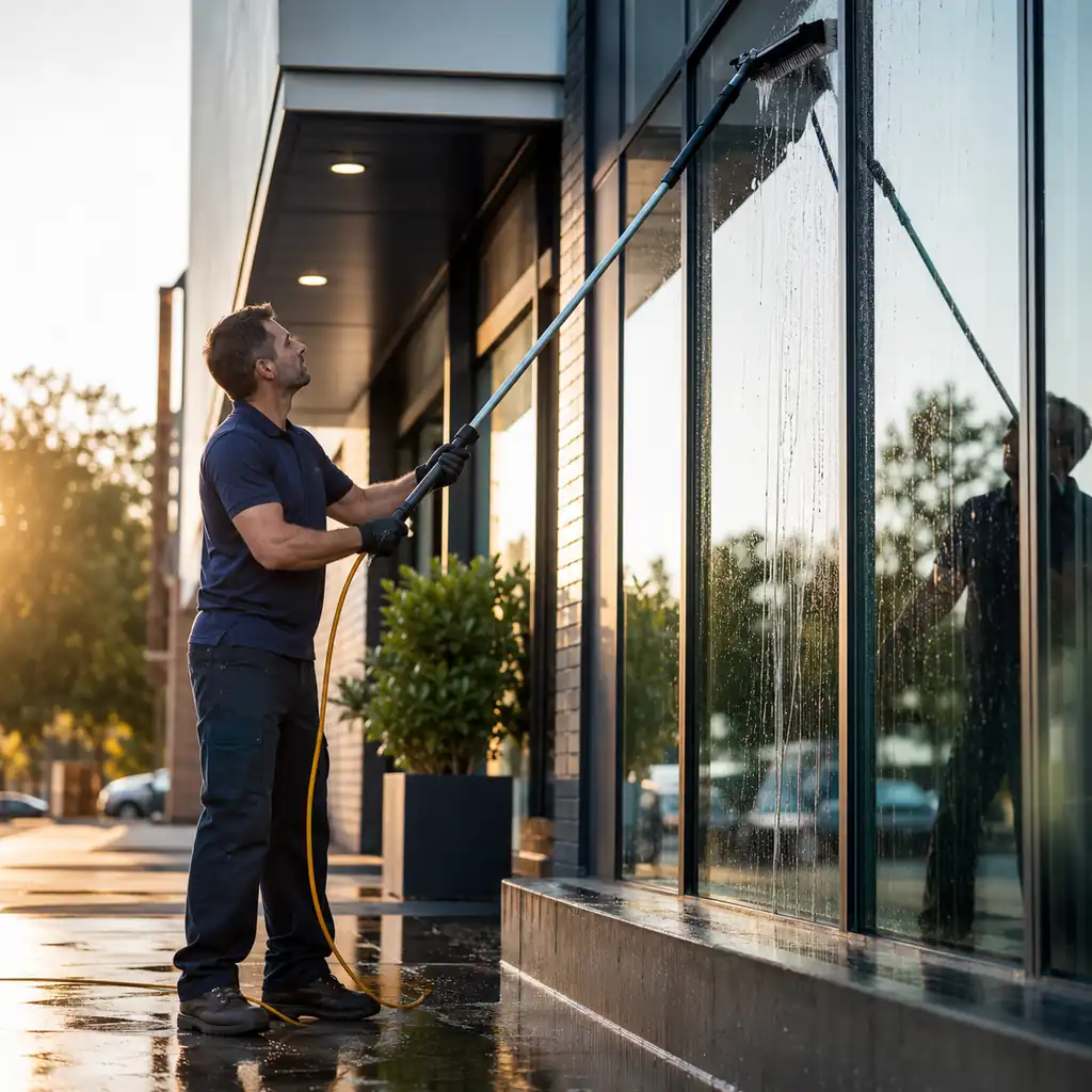 A window cleaner uses a water-fed pole to clean the tall exterior windows of a commercial storefront at dawn.