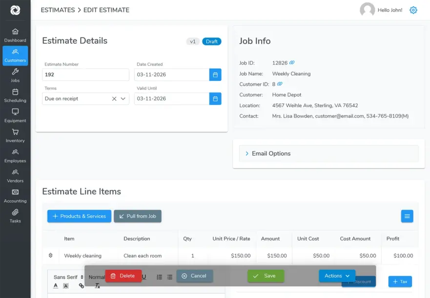 Creating an estimate in Bella FSM