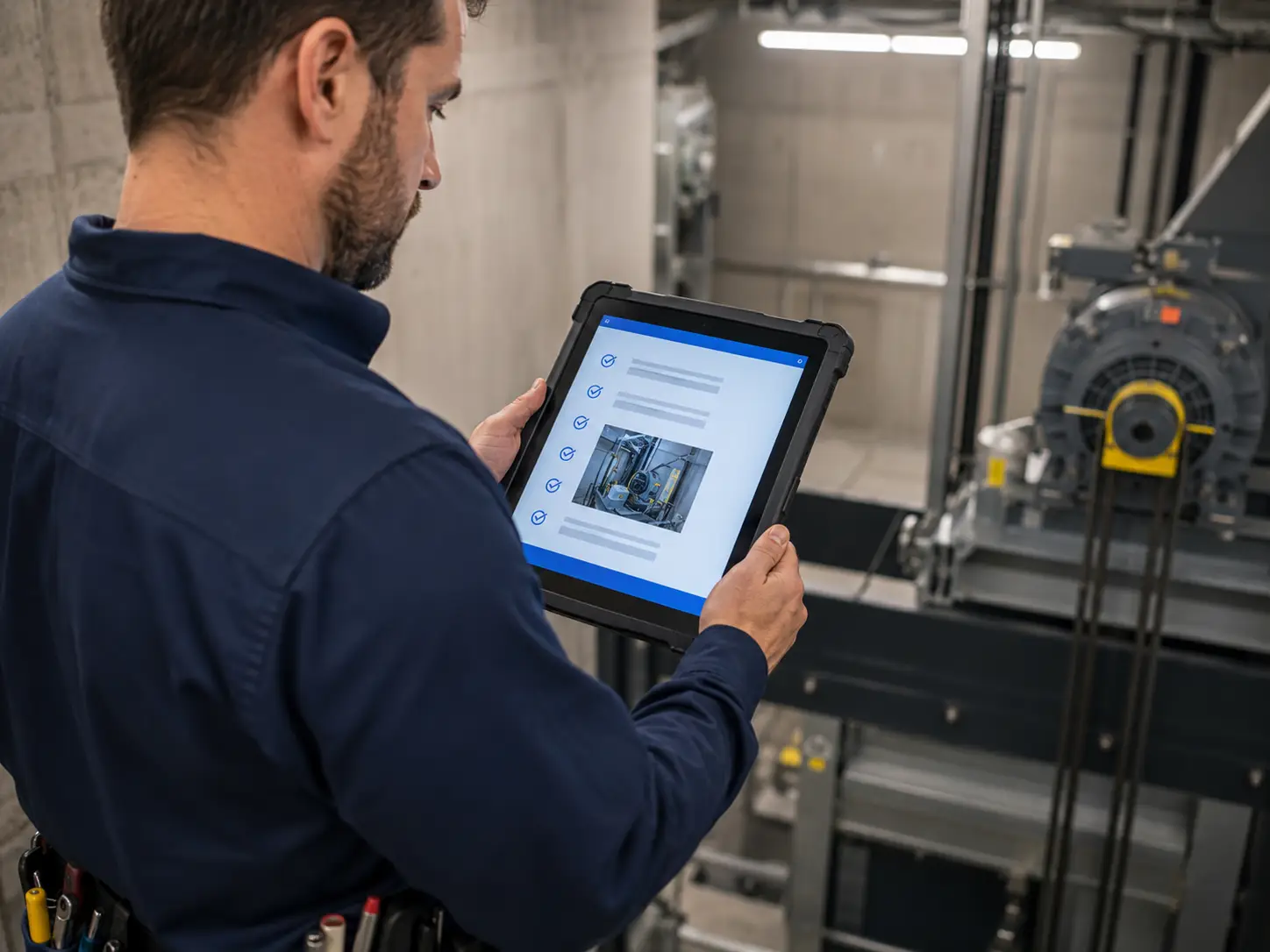 Elevator inspection checklist with completed safety items and equipment photos visible on a digital tablet during a machine room PM visit