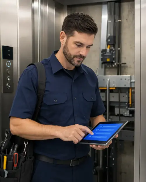 Elevator service technician completing a digital inspection checklist on tablet inside a modern elevator cab