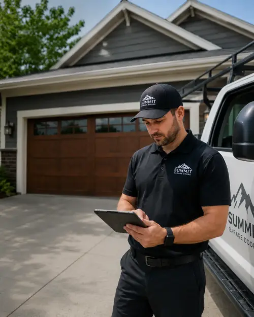 Garage door technician with tablet in front of a residential home