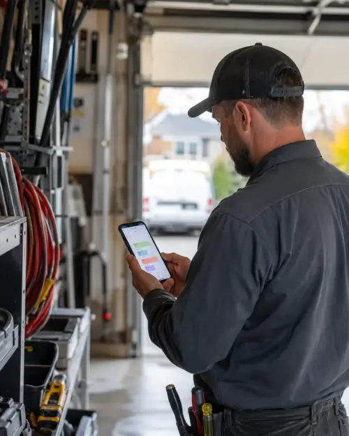 Garage door worker looking at schedule on mobile phone