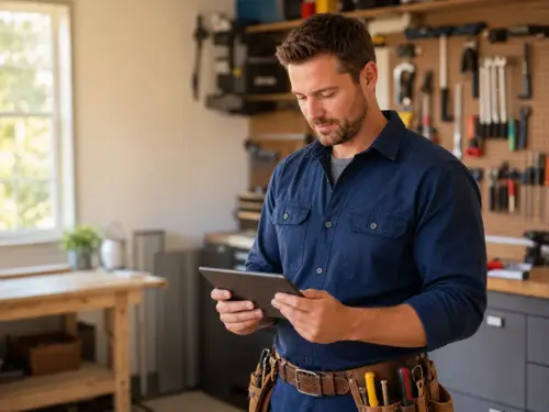 Handyman reviewing his weekly job schedule on a tablet in his workshop
