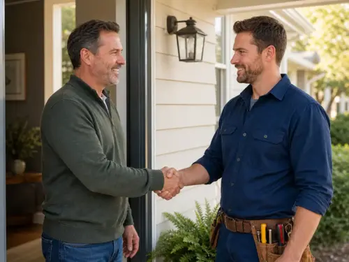 Handyman shaking hands with a satisfied homeowner after completing a service call