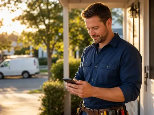 Handyman sending an invoice from his phone after completing a job