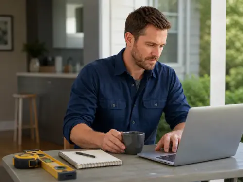 Handyman calculating job pricing and profit margins on a laptop