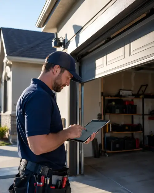 Garage door technician entering customers garage with tablet