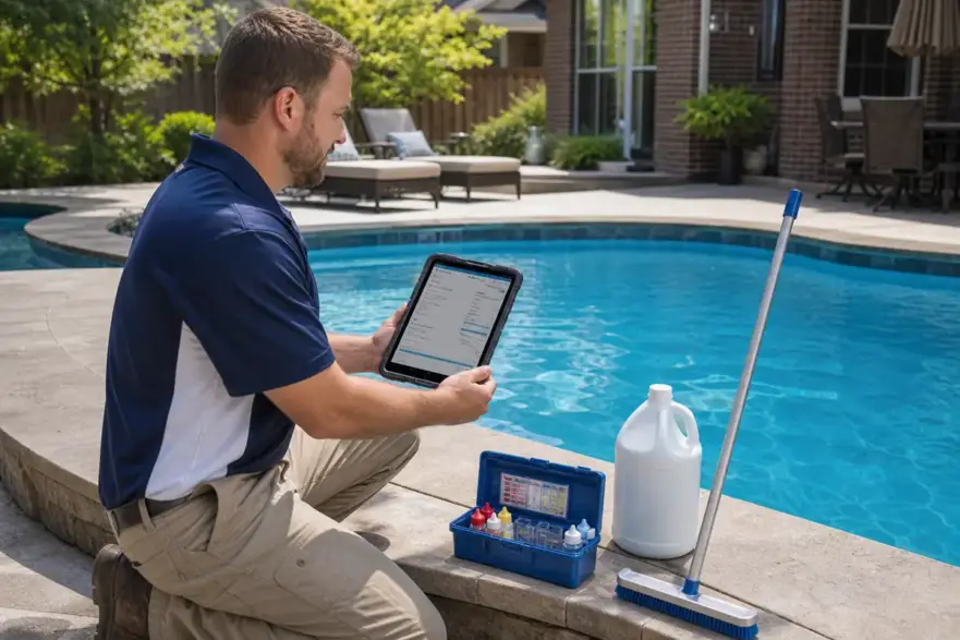 Pool service technician kneeling at a backyard pool reviewing a tablet invoice.