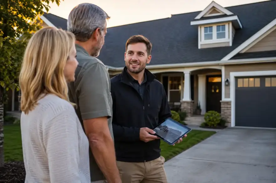 Roofing sales rep on a driveway shows a digital proposal to a homeowner couple at golden hour.