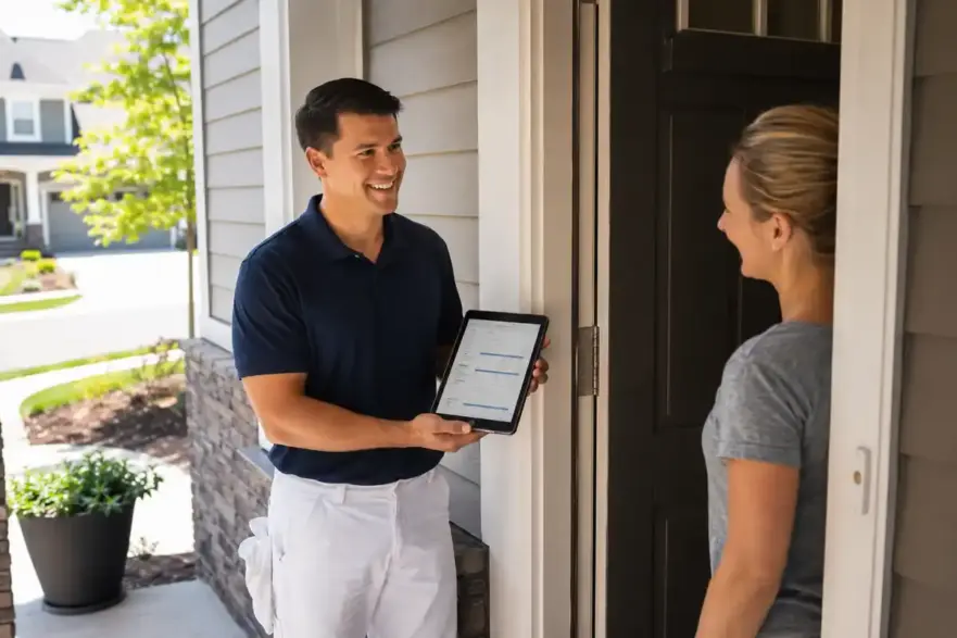 Painting contractor shows a digital estimate to a homeowner on a front porch.