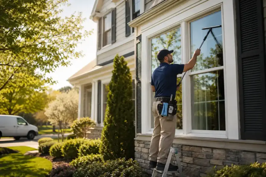 A window cleaning technician on a step ladder squeegees the front window of a two-story suburban home.