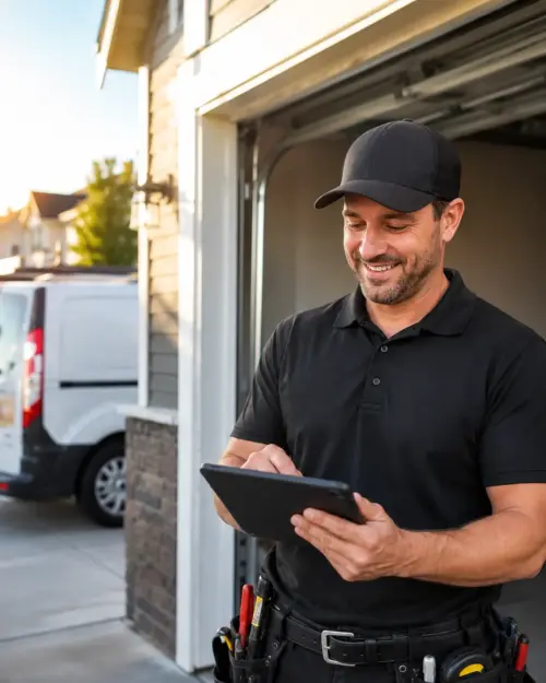 Overhead door tech creating an invoice on a tablet