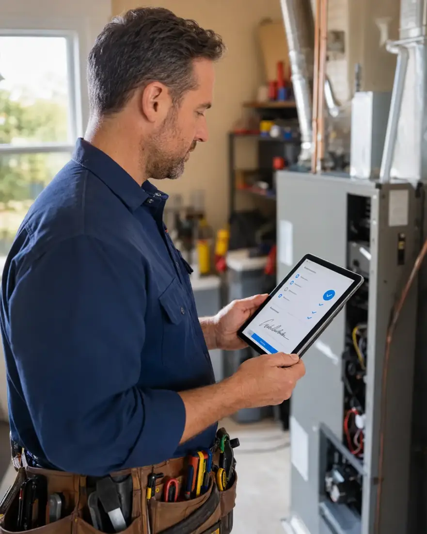 Field service technician using work order software on tablet