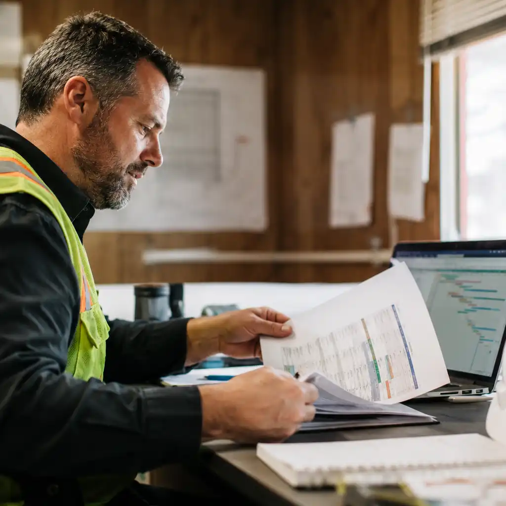 Construction project manager reviews change order paperwork beside a laptop schedule.