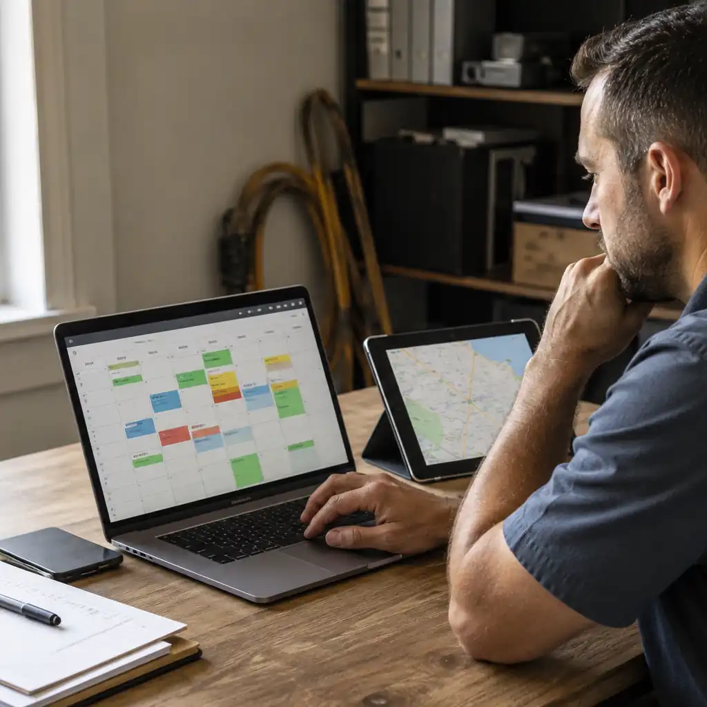 Chimney sweep business owner reviewing a digital scheduling calendar to plan capacity.