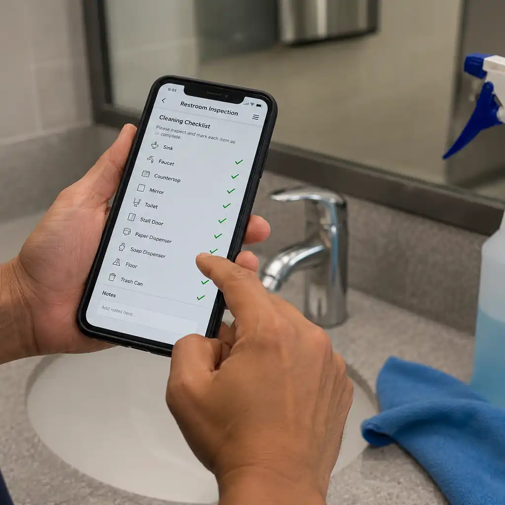 A cleaning technician taps a digital restroom inspection checklist on a smartphone beside a spray bottle and microfiber cloth.