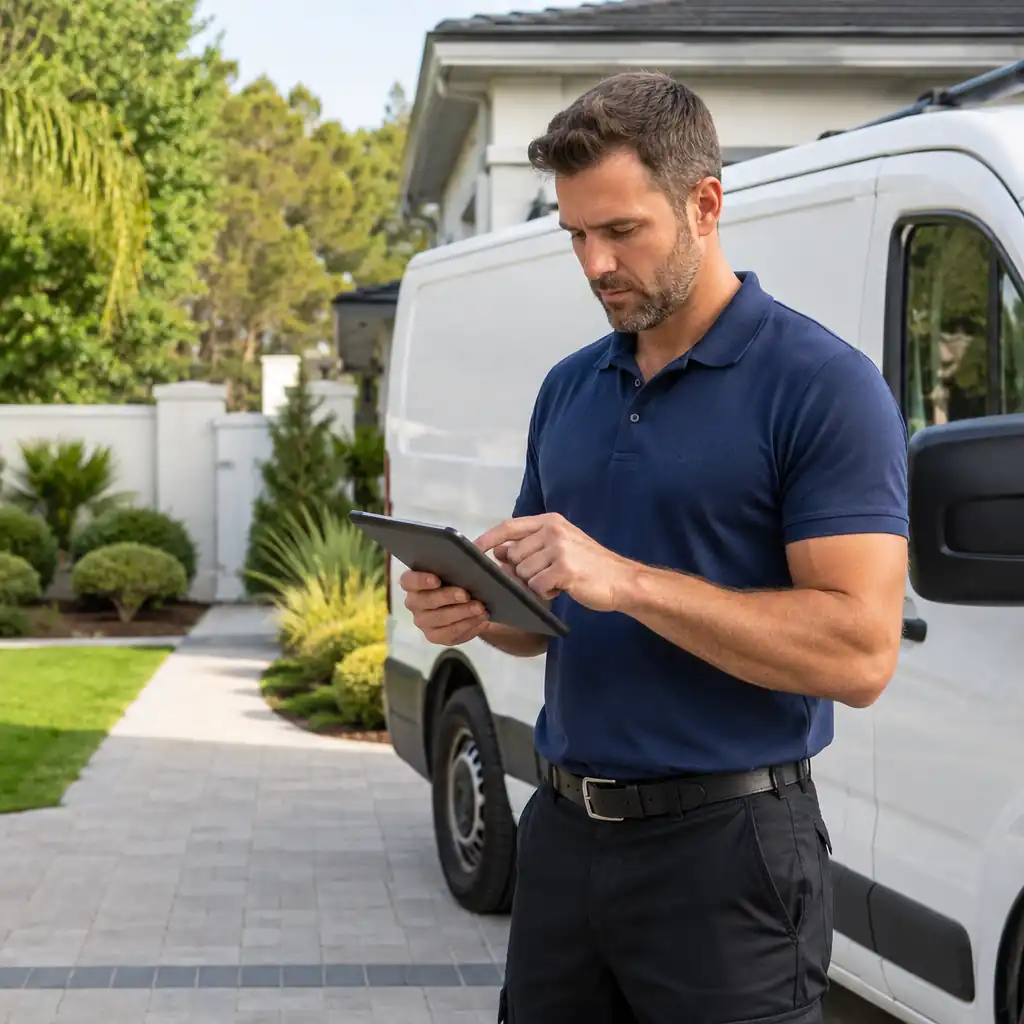 A pool service technician reviews his route on a tablet beside a service van.