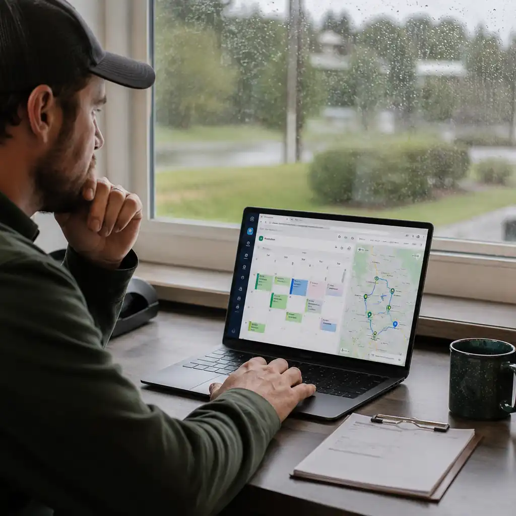 A lawn care owner reschedules the day's jobs on a laptop during rain.