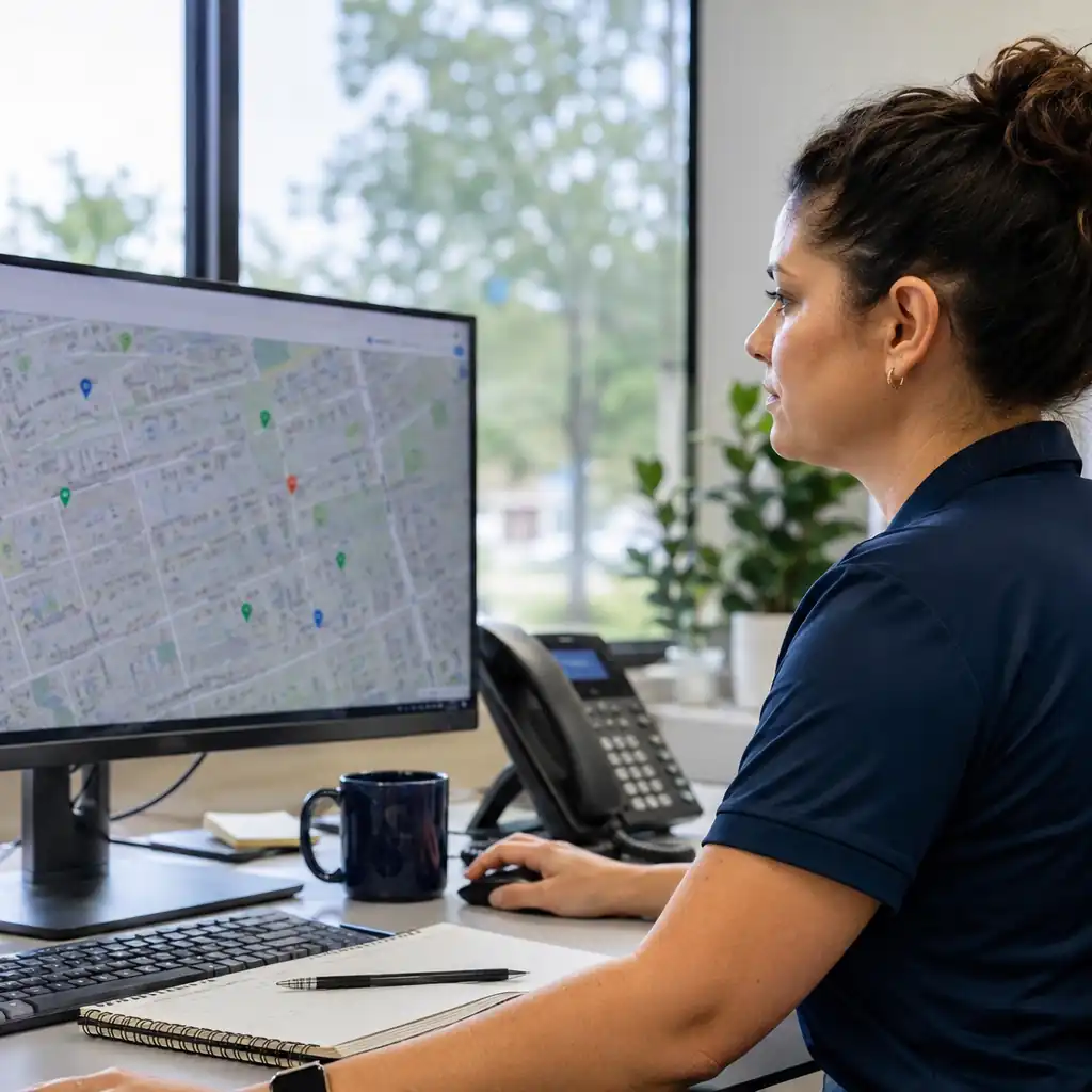 Plumbing dispatcher reviewing a neighborhood map of scheduled service line replacement jobs.
